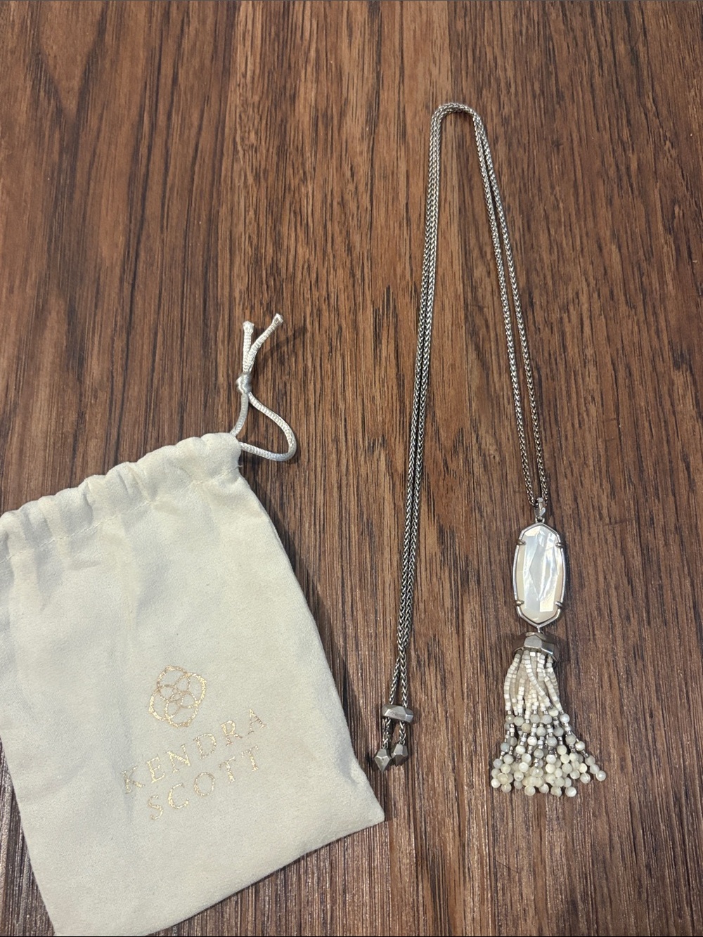 Kendra Scott Silver Necklace with White Stone and Beaded Tassel